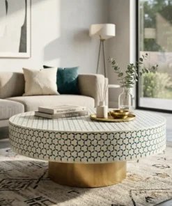 Blue targua bone inlay coffee table in modern living room with decor