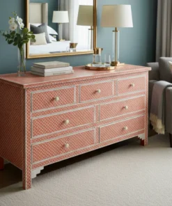 Handmade Bone Inlay Fishscale 7 Drawer Dresser in modern room with lamp and decor items