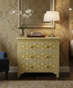 Handmade bone inlay 3 drawer chest places in luxury bedroom with furnished