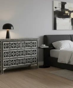 Bone Inlay 4 Drawer Chest Iberia Design Black Color Set in Modern Bedroom