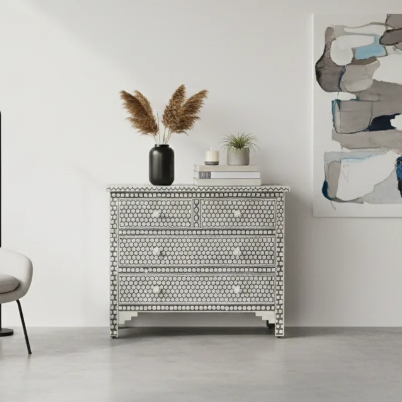 bone-inlay-4-drawer-hexagon-chest-of-drawer-in-grey-color-with-Free-shipping Bone Inlay 4-Drawer Hexagon Chest of Drawer in Grey color in grey room with wall frame and decor items