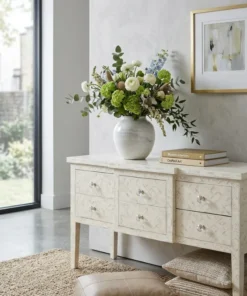 Bone Inlay 6 Drawer Console Geometric White in modern living room with decor