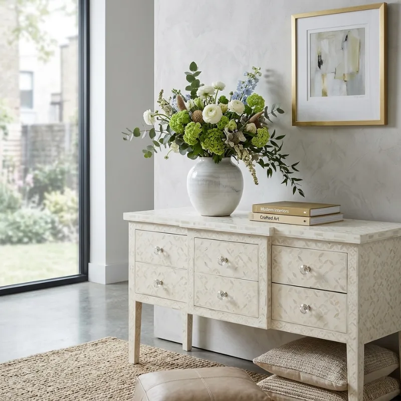 bone-inlay-6-drawer-console-geometric-white (1) Bone Inlay 6 Drawer Console Geometric White in modern living room with decor