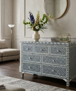 Bone Inlay 7 Drawer Dresser / Chest placed in modern living room
