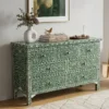 Bone Inlay 7 Drawer Floral Design Green Dresser Chest in living room