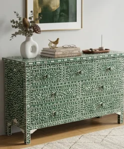 Bone Inlay 7 Drawer Floral Design Green Dresser Chest in living room