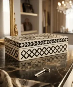 Black and white bone inlay jewellery storage box in luxury vanity room