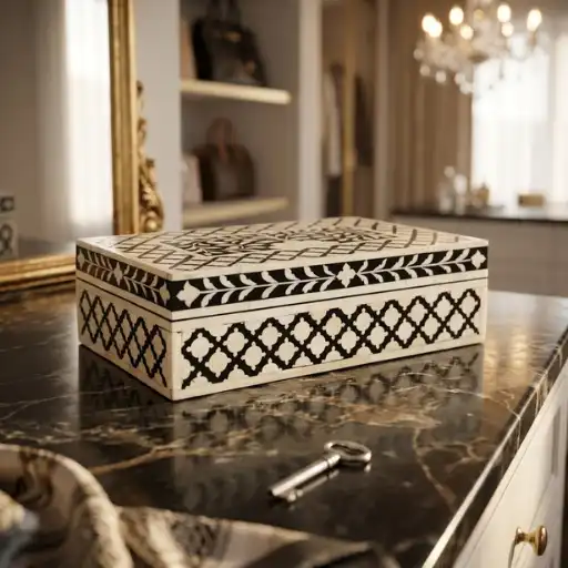 Black and white bone inlay jewellery storage box in luxury vanity room