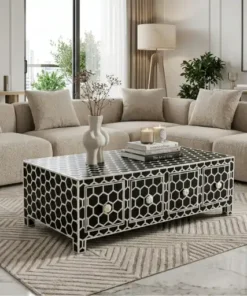 Black Honeycomb Design Coffee Table with 4 Drawers