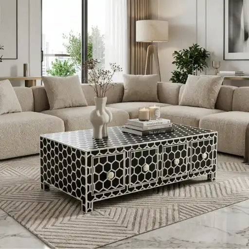 Black Honeycomb Design Coffee Table with 4 Drawers