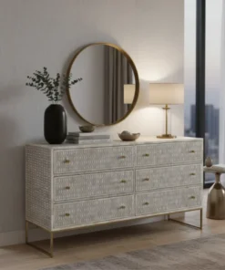 Bone Inlay Chest of 6 Drawers Geometric Design in Grey Color