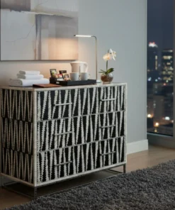 Bone Inlay Chest of Drawers Black & White with Modern Pattern with Free Shipping placed in luxury hotel room with amenities