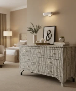 Bone Inlay Commode 7 Drawer Chevron Black placed in beige luxury room with decor