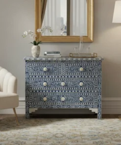 Bone Inlay Floral Chest Of 4 Drawer Blue with wall mirror and side sofa