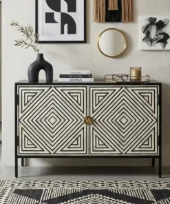 Bone Inlay Geometric Stripe Design Sideboard Cabinet for dining room, living room, and luxury home storage.