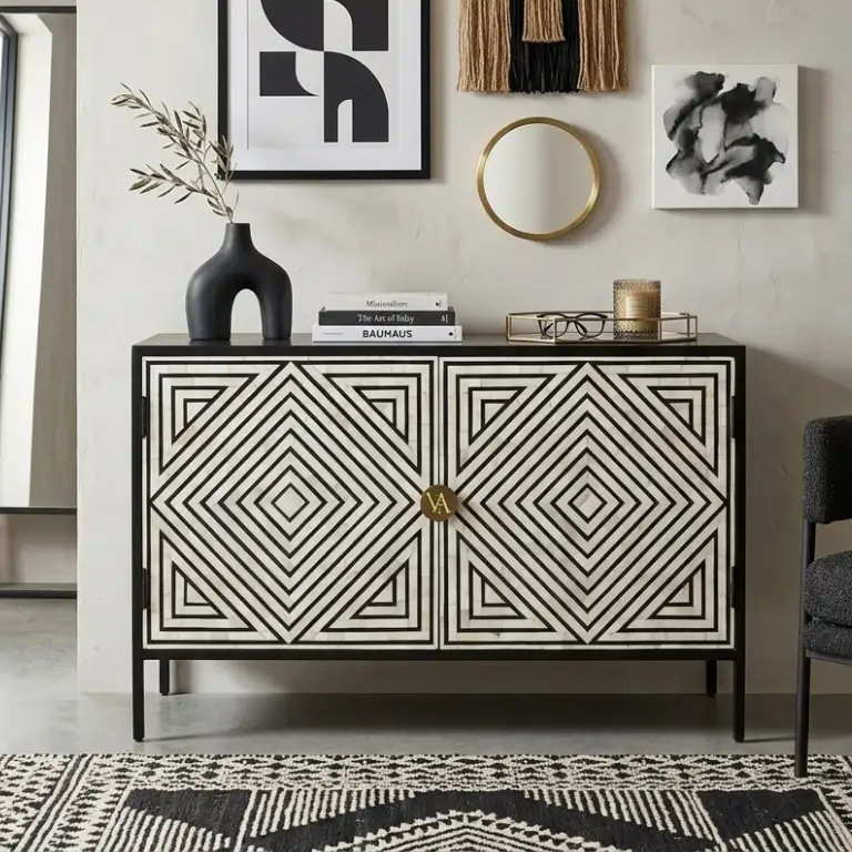 Bone Inlay Geometric Stripe Design Sideboard Cabinet for dining room, living room, and luxury home storage.