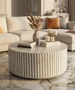 Bone Inlay Stripe Design Grey Round Coffee Table