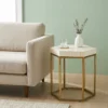 Bone Inlay White Hexagon Stripe Design Table with handcrafted geometric pattern placed in modern living room with beige sofa and decor