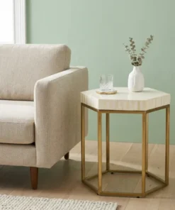 Bone Inlay White Hexagon Stripe Design Table with handcrafted geometric pattern placed in modern living room with beige sofa and decor