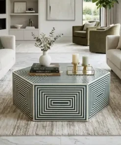 Bone Inlay Hexagonal Stripe Design Coffee Table in modern luxury living room with decor items