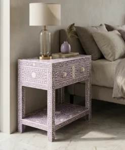 Bone Inlay Lavender Floral 2 Drawer Bedside Table for modern bedroom furniture