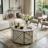 Bone Inlay Octagon Coffee Table Full Geometric Design in modern living room with furnished
