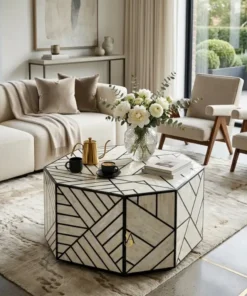 Bone Inlay Octagon Coffee Table Full Geometric Design in modern living room with furnished