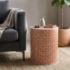 Handmade bone inlay round side table and stool in modern living room with grey sofa