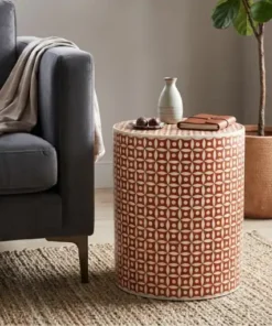 Handmade bone inlay round side table and stool in modern living room with grey sofa