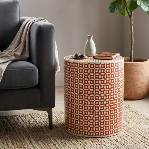 Handmade bone inlay round side table and stool in modern living room with grey sofa
