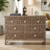 Brown Bone Inlay Seven Drawer chest of drawer Dresser placed in contemporary living room with decor