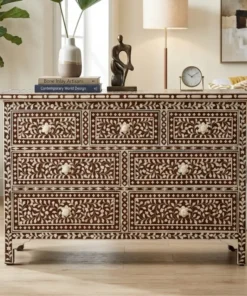 Brown Bone Inlay Seven Drawer chest of drawer Dresser placed in contemporary living room with decor