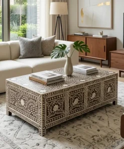 Handcrafted Brown Bone Inlay Coffee Table with Floral Design placed in modern living room with beige sofa, and fully furnished