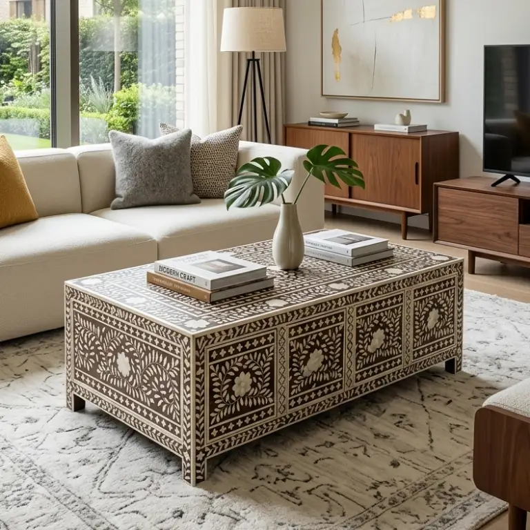Handcrafted Brown Bone Inlay Coffee Table with Floral Design placed in modern living room with beige sofa, and fully furnished