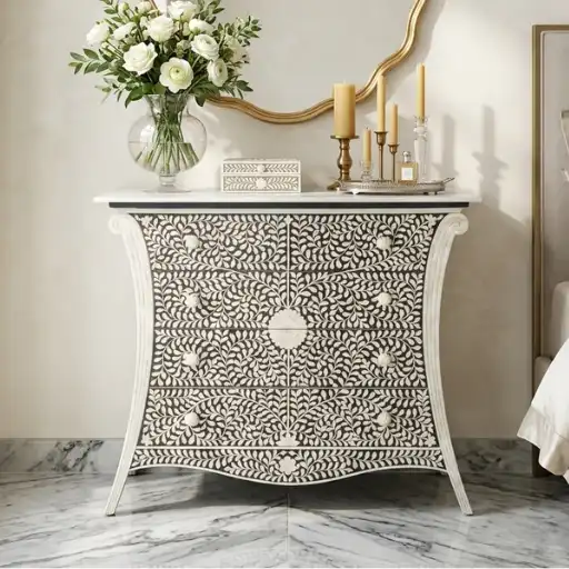 Embossed Bone Inlay Floral 4 Drawer Chest in luxury bedroom with wall mirror and candle and decor items