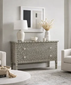 Bone Inlay 2 Drawer Chest Geometric Black placed in modern living room with furnished
