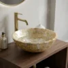 Handmade golden Mother of Pearl round wash basin with decorative inlay design