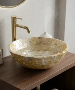 Handmade golden Mother of Pearl round wash basin with decorative inlay design