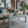 Bone Inlay Teal Green Floral Design Coffee Table online with custom size options