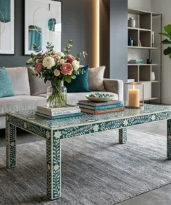 Bone Inlay Teal Green Floral Design Coffee Table online with custom size options