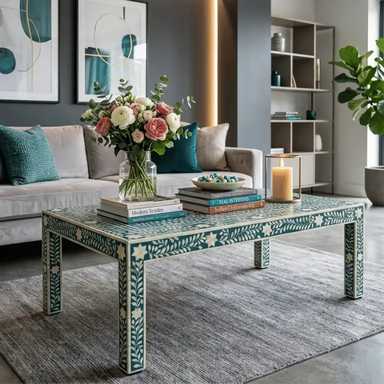 Bone Inlay Teal Green Floral Design Coffee Table online with custom size options