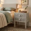 Grey Bone Inlay 2 Drawer Nightstand in cozy bedroom decor