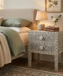 Grey Bone Inlay 2 Drawer Nightstand in cozy bedroom decor