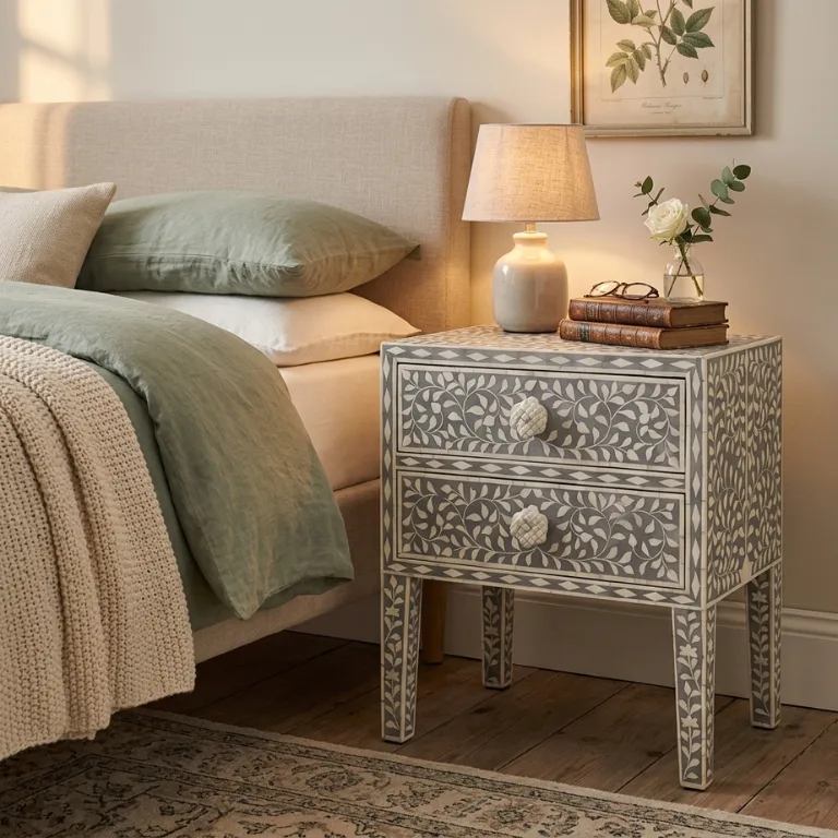 grey-bone-inlay-2-drawer-nightstand Grey Bone Inlay 2 Drawer Nightstand in cozy bedroom decor