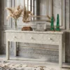 Grey bone inlay 3 drawer console table placed in modern living room with home décor items