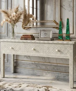 Grey bone inlay 3 drawer console table placed in modern living room with home décor items