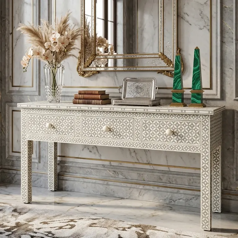 grey-bone-inlay-3-drawer-console-table Grey bone inlay 3 drawer console table placed in modern living room with home décor items