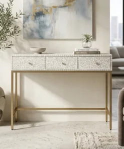 Grey Bone Inlay Floral 3 Drawers Console Table