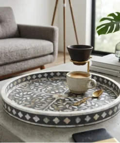 Grey Mother of Pearl Inlay Round Tray is a beautiful choice for serving guests or displaying candles