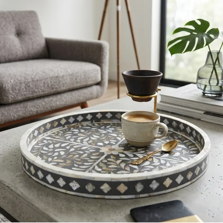 Grey Mother of Pearl Inlay Round Tray is a beautiful choice for serving guests or displaying candles